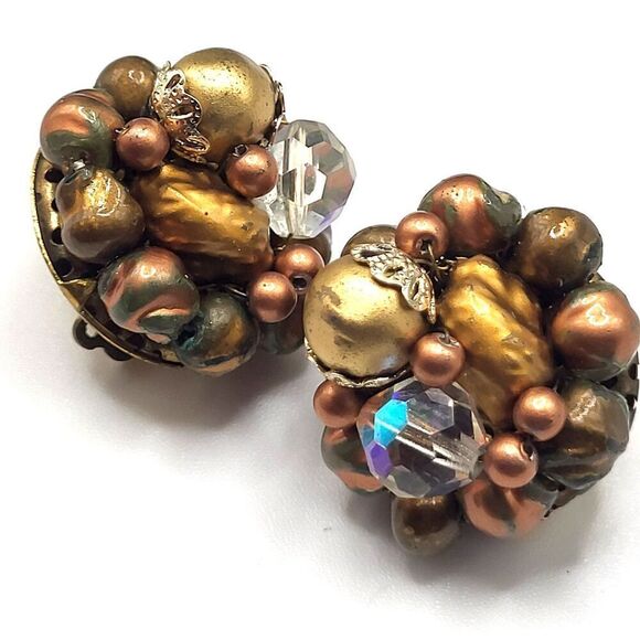Vintage 50s Bronze Cluster AB Crystal Clip On Earrings Signed Japan 1in - Picture 1 of 2
